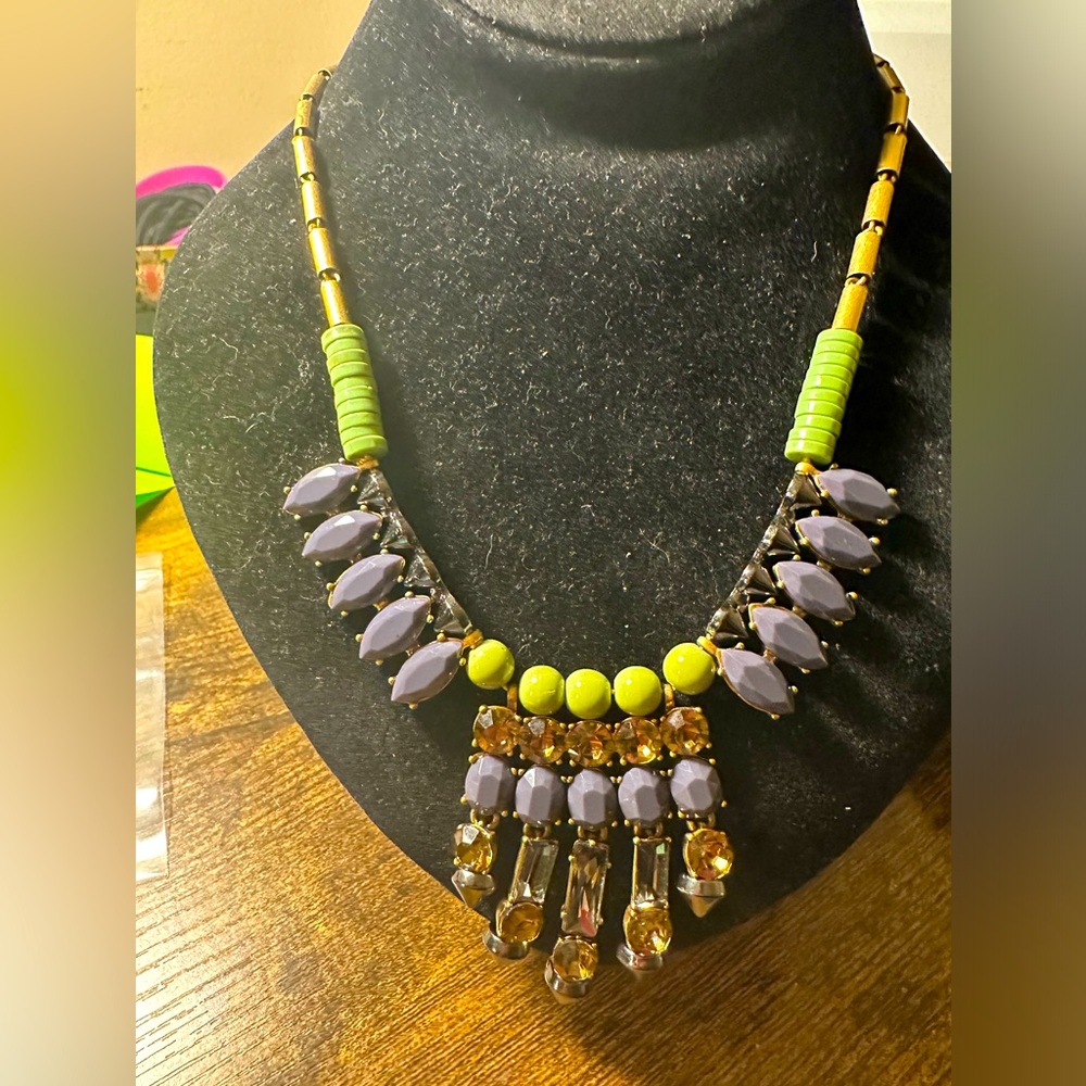 J Crew brass plated blue/grey, green and gold statement necklace